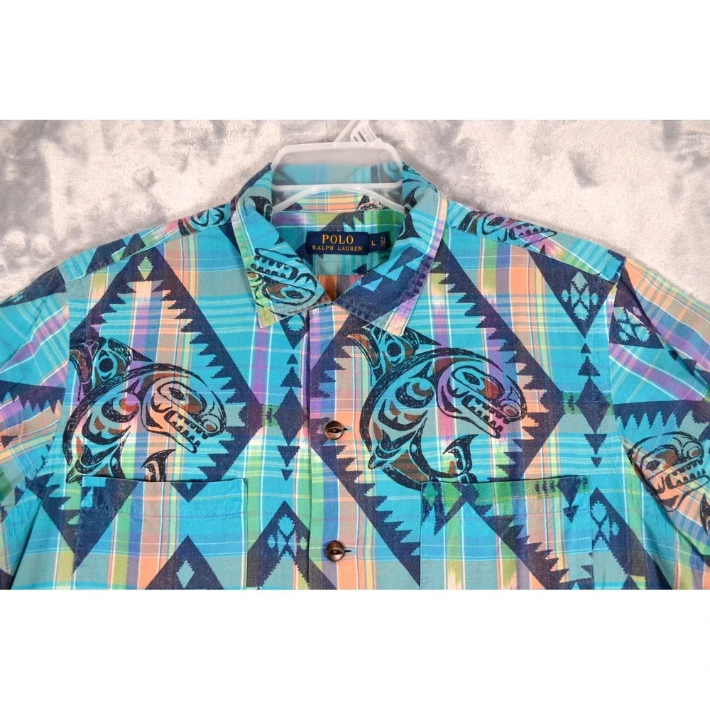 Vtg Polo Ralph Lauren Shirt Men‎ L  Blue Plaid Southwest Fish Print Button Front